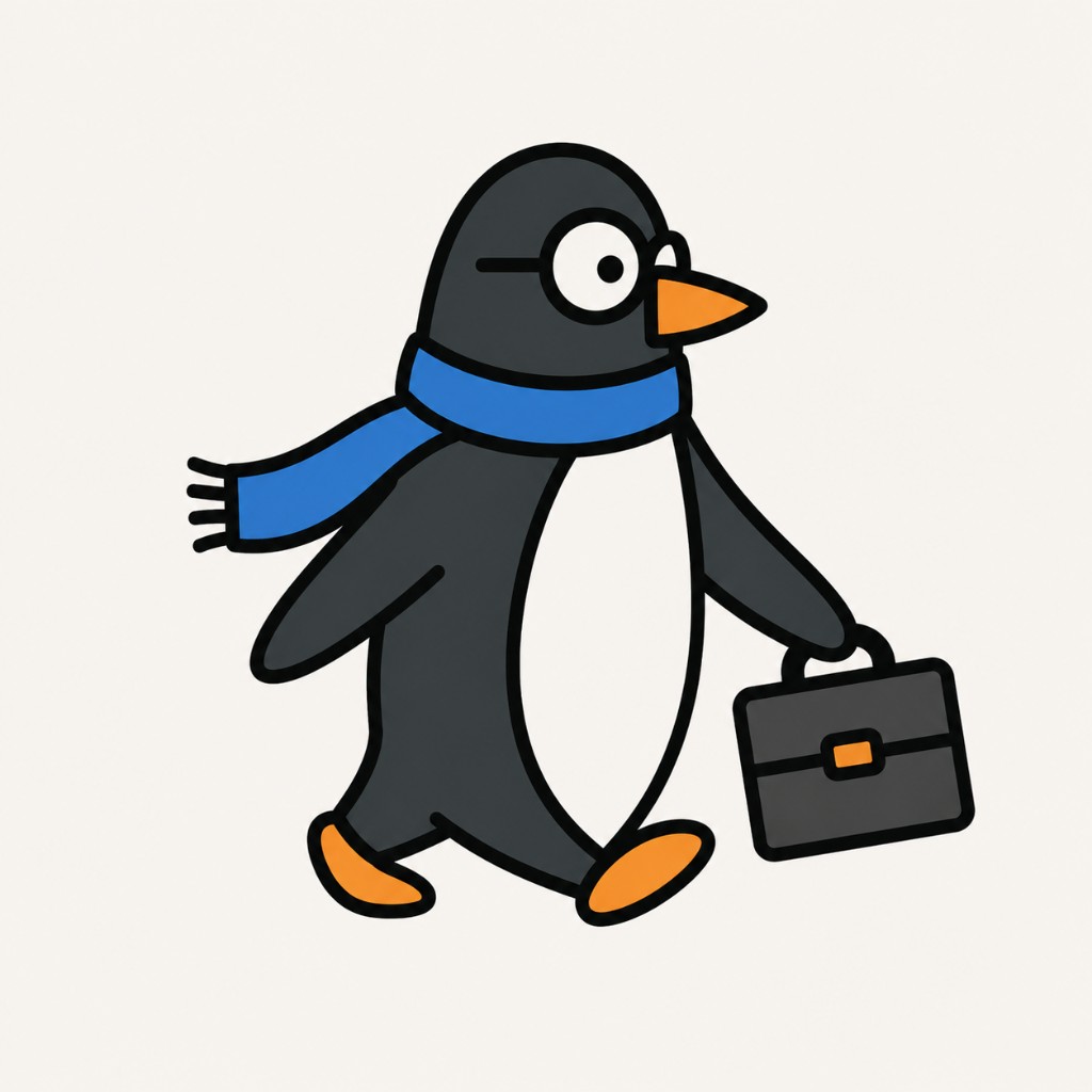 A cartoon penguin in glasses and a blue scarf, carrying a briefcase.